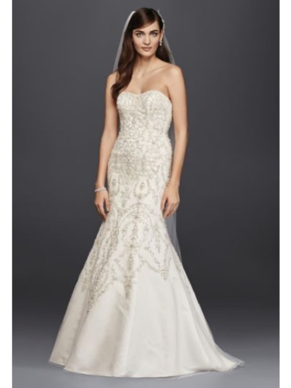 Oleg Cassini Soft Cream Tulle and Crystal Mermaid Wedding Dress 6 Petite